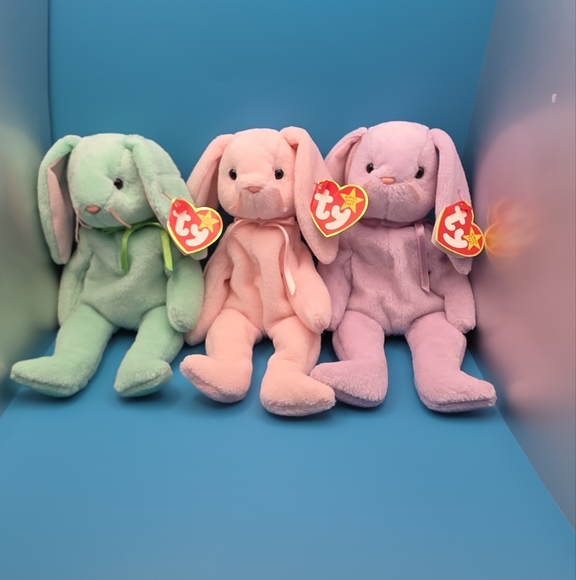 Ty Stuffed Animals Trio - Green, Pink, and Purple Bunnies